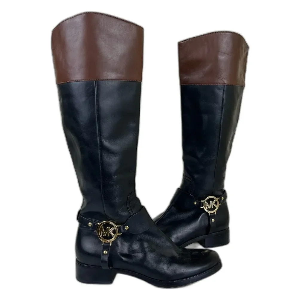 Michael Kors Women Size 6.5 Fulton Harness Two Tone Leather Riding Boots